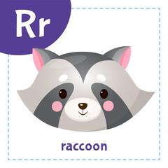 Cartoon English alphabet for children with cute animals. Letter R with raccoon.