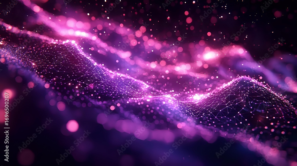 Poster glowing pink and purple particle wave with sparkling dots flowing in dark space, creating magical ab