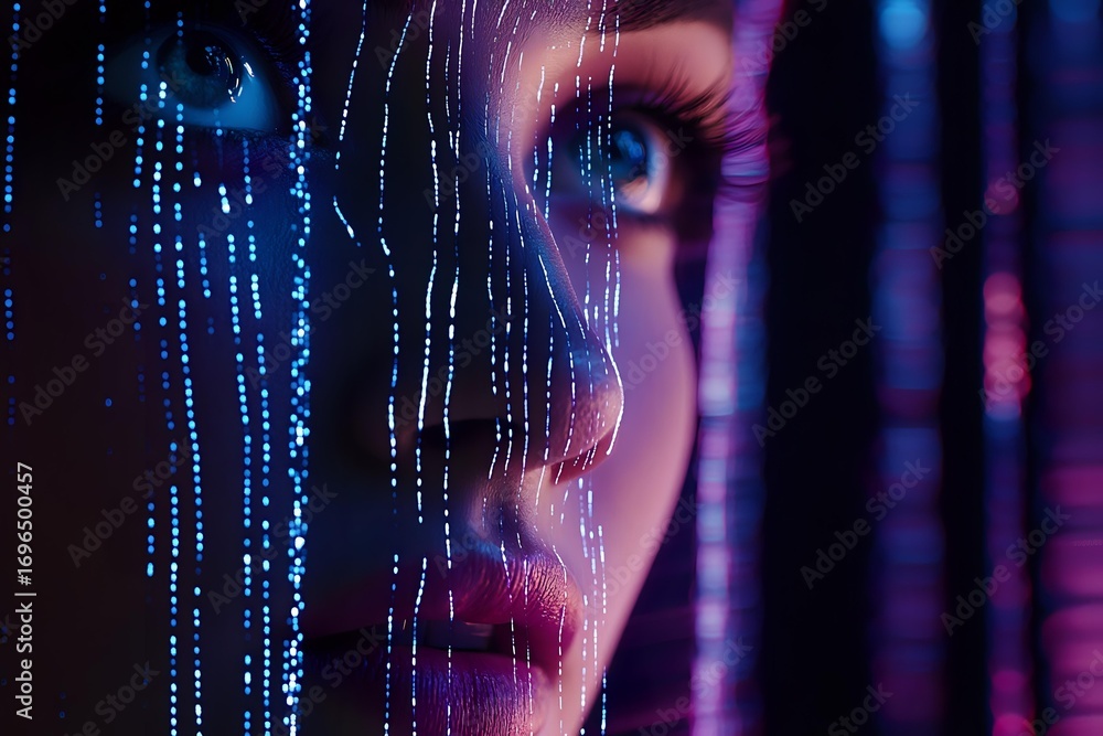 Poster mysterious female face partially hidden behind digital matrix rain effect with neon purple lighting,