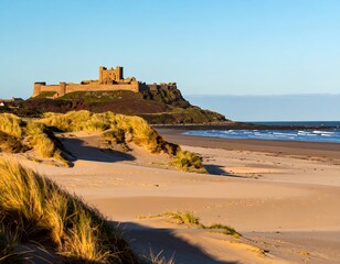 Picturesque beach scene with ancient castle on a hill overlooking the shoreline, bathed in warm sunlight.
