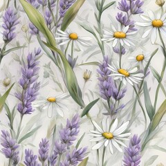 Obraz premium Soft seamless watercolor pattern with lavender, chamomile, and sage in calming pastel tones of purple, white, and dusty green. Perfect for home decor, spa packaging, stationery, and notebooks.