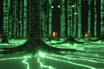 Glowing green digital code forms trees in a dark, futuristic forest;  bright lines emanate from their bases, illuminating the ground.  A blurred city glows faintly in the distance