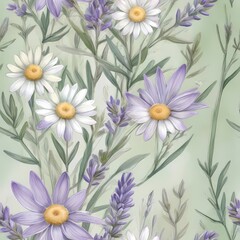 Obraz premium Soft seamless watercolor pattern with lavender, chamomile, and sage in calming pastel tones of purple, white, and dusty green. Perfect for home decor, spa packaging, stationery, and notebooks.