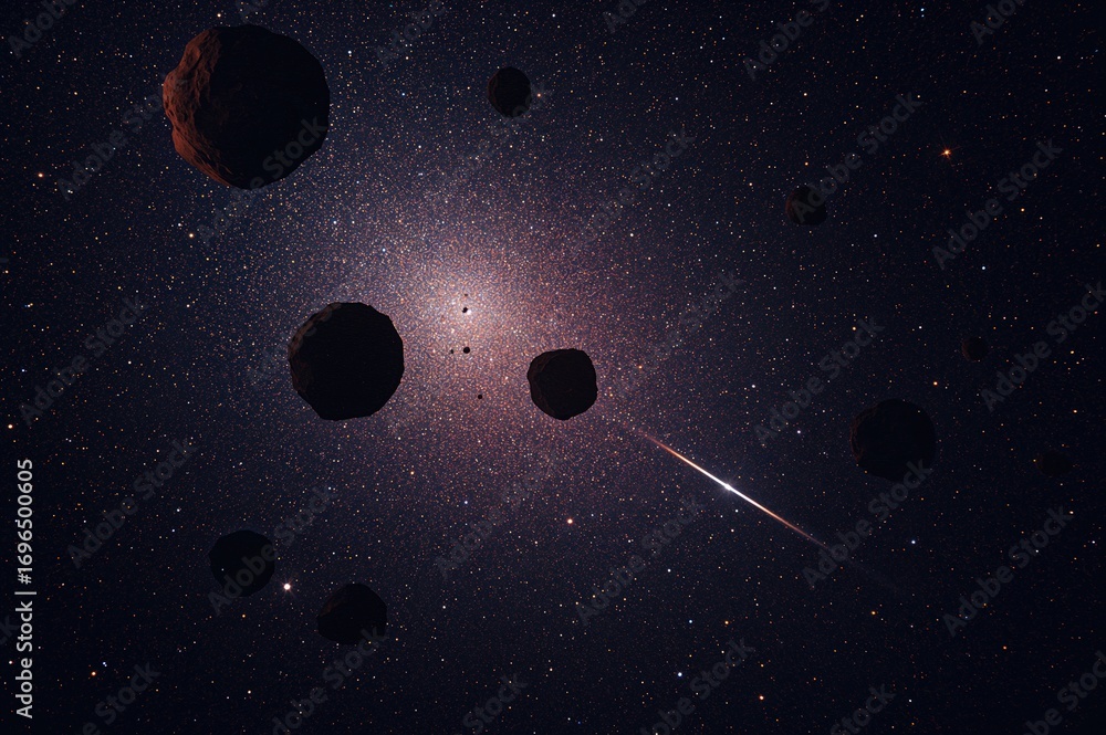 Poster radiant stars and abstract space rocks form the celestial backdrop. the elements for this image were
