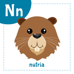Cartoon English alphabet for children with cute animals. Letter N with nutria.

