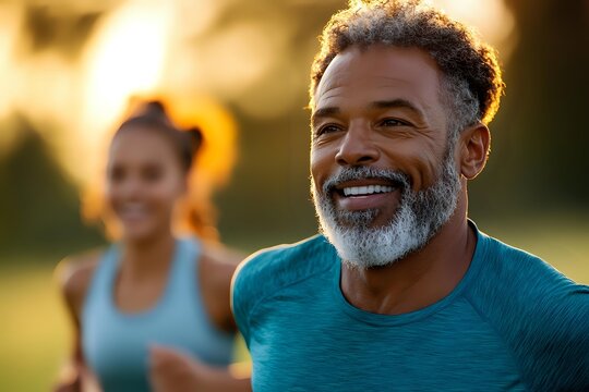 Mature African American man with gray beard smiling during outdoor workout session at sunset, with female jogger in background, promoting active lifestyle and wellness. - Powered by Adobe