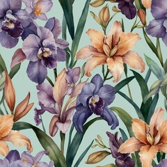 Elegant seamless watercolor pattern with lilies, irises, and orchids in soft lilac, peach, and mint tones. Perfect for wedding stationery, fabrics, luxury decor, wallpapers, and branding design.