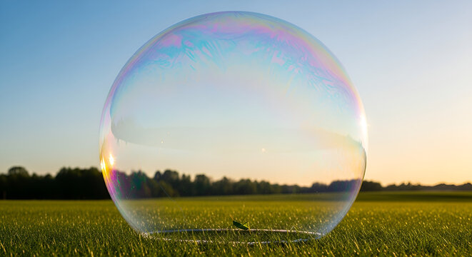 A giant soap bubble floats serenely above a lush green field on a sunny day