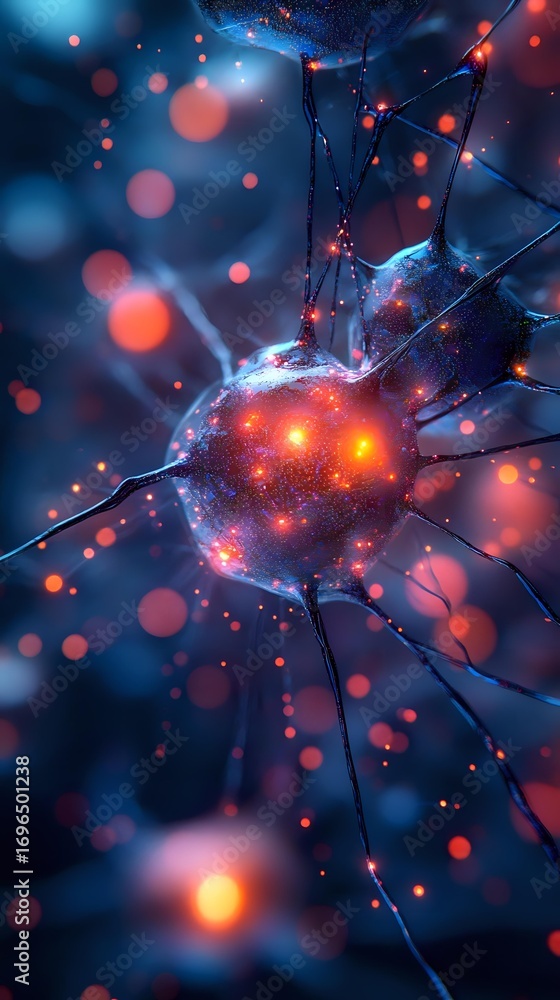 Aufkleber Glowing neuron cell with synaptic connections in deep blue and orange colors showing electrical activity and neural network communication in brain science visualization.