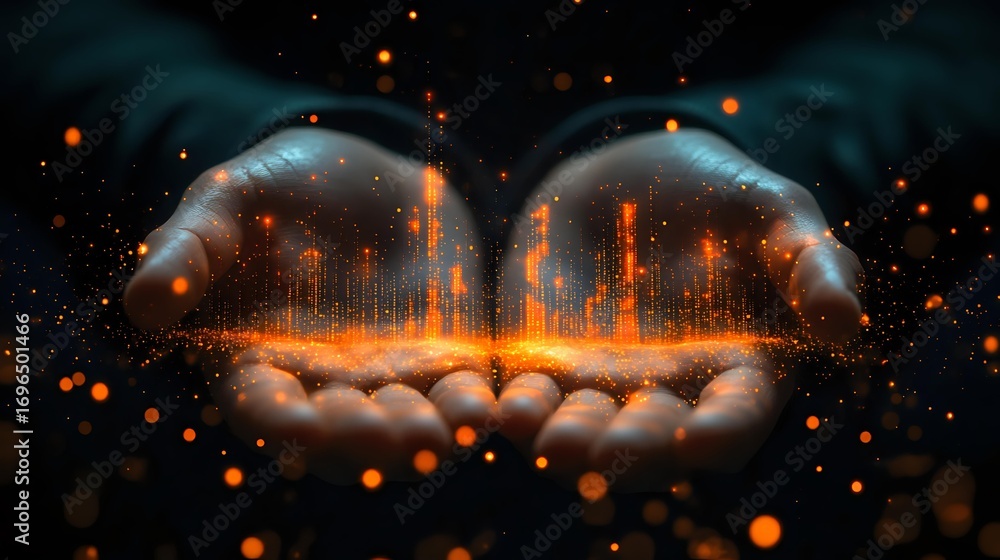 Poster glowing orange digital wave pattern floating above cupped hands against dark background with magical