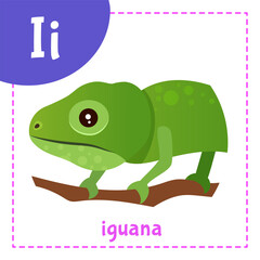 Cartoon English alphabet for children with cute animals. Letter I with iguana.
