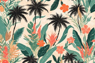 Seamless background design featuring shapes, flat plants, flowers, and palm trees.