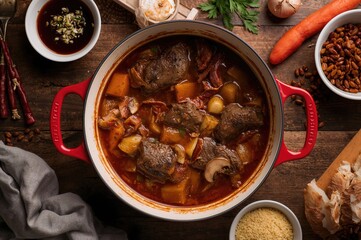 Slow-cooked beef and vegetable stew with bacon simmering in a savory sauce in a pot on a rustic wooden surface, overhead flat lay