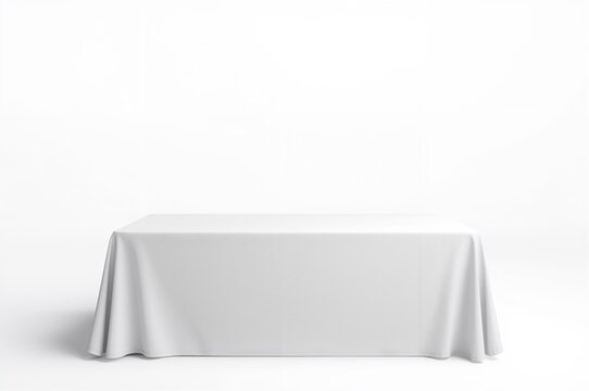 Isolated white fabric covering a table against a plain white backdrop, studio shot close-up. Empty tablecloth template for exhibitions, meetings, and promotional events display.