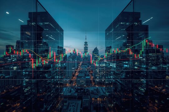 Conceptual analytics and background study featuring multiple overlays of an abstract economic graph on corporate skyscrapers