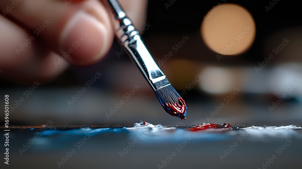 Poster Paint brush with red paint on tip creating artistic strokes on blue textured surface, macro photography with shallow depth of field and bokeh background.