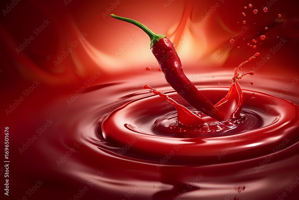 Poster Red chili pepper splashing into liquid creating circular ripples against vibrant red background with dynamic water drops and motion effect.