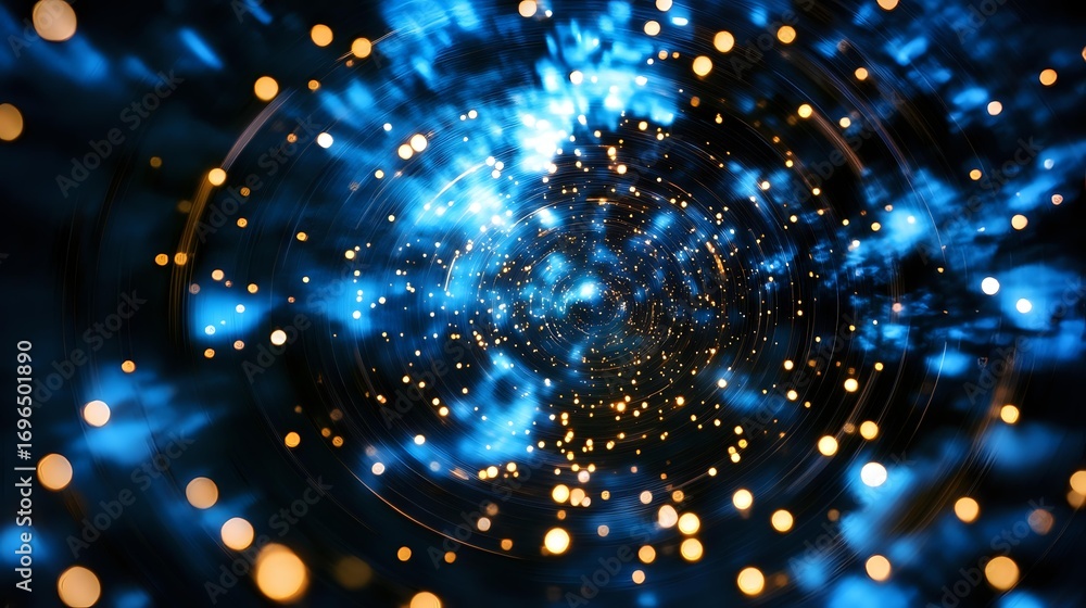 Poster glowing blue and gold particles with light trails create dynamic cosmic motion effect against dark b