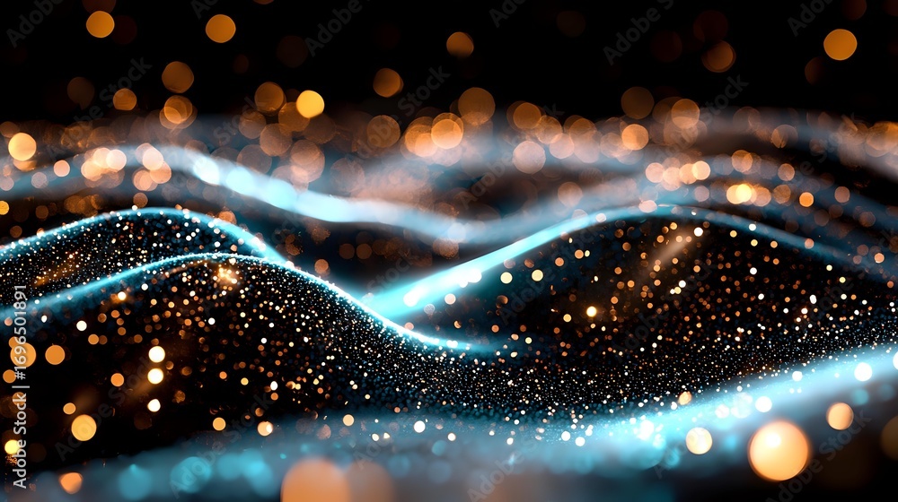Poster glowing blue waves with golden bokeh lights on dark background create magical abstract composition w