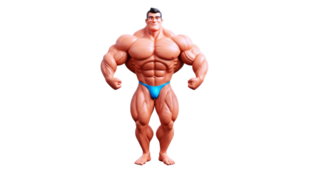 cartoon bodybuilder peak male physique, muscular strength, championship pose, isolated on transparent background