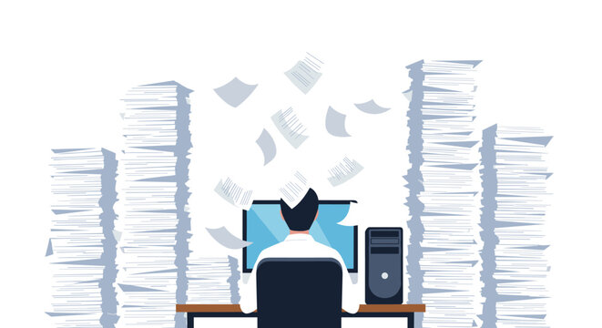 Overwhelmed professional drowning in piles of paperwork and digital data at their desk surrounded by stacks of documents falling from the sky