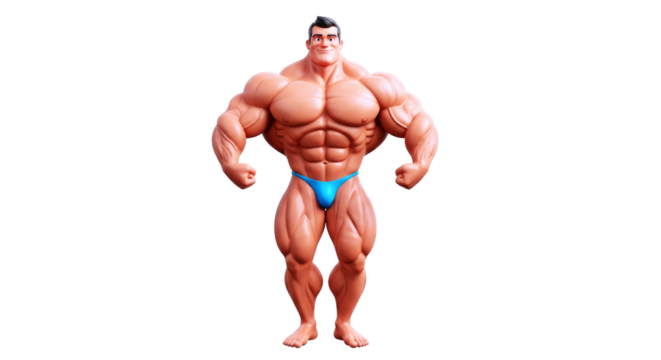 cartoon bodybuilder peak male physique, muscular strength, championship pose, isolated on transparent background