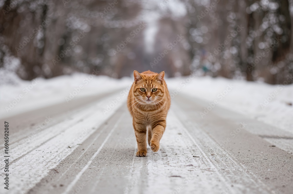 Poster ginger feline strolling through a snowy pathway during wintertime with selective focus
