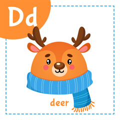 Cartoon English alphabet for children with cute animals. Letter D with deer.
