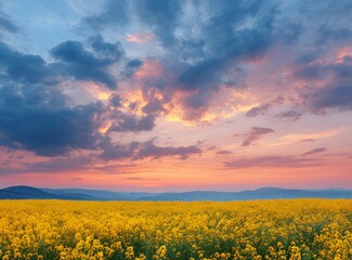 Obraz premium beautiful sky over a spring meadow with yellow flowers, blue and orange clouds.