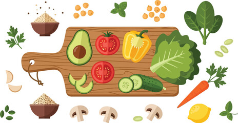 Fresh, vibrant ingredients arranged on a wooden cutting board for healthy meal preparation.