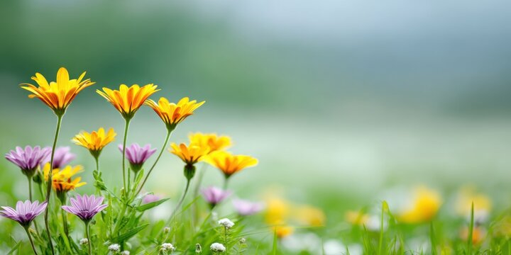 Vibrant orange, yellow and purple daisies in green field, with soft background blurring. Soft, natural, tranquil, and visually pleasing