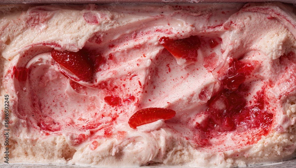 Poster top view of a container filled with strawberry and vanilla ice cream