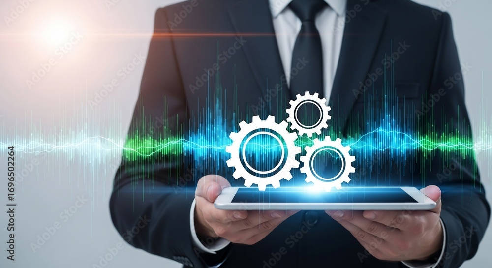 Poster professional businessman expertly managing data analytics and business strategy with innovative digi