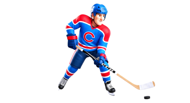 cartoon hockey player dynamic 3d ice hockey action pose, ready to score, game on animation asset, isolated on transparent background - Powered by Adobe