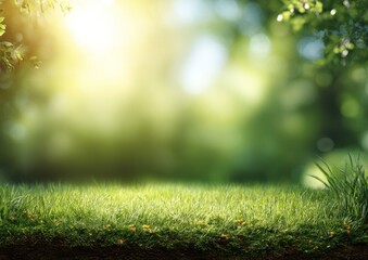 A sunny meadow with vibrant green grass against a blurred forest backdrop and visible soil beneath, conveying a sense of natural beauty