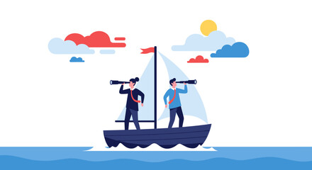 Naklejka premium Two businessmen searching for opportunities on a sailing boat with telescopes and clouds in the sky