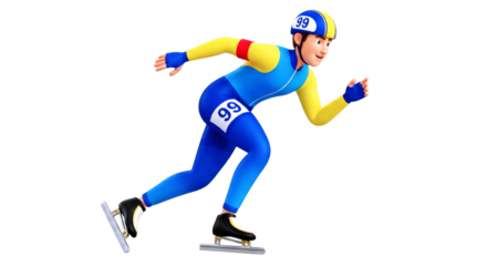3d cartoon speed skater thrilling race, unwavering focus, victory pursuit, isolated on transparent background