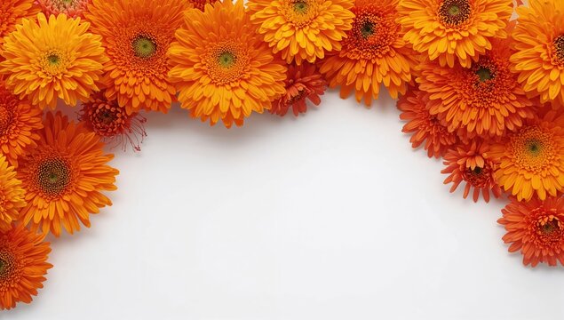 Bright and colorful flower arrangement featuring orange zinnia and calendula on a white backdrop, viewed from above with space for text