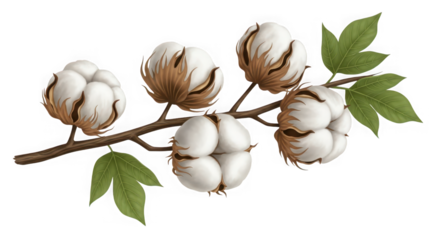 Natural cotton bolls with green leaves on a branch delicate textile fiber harvest beauty ready for harvesting agricultural plant organic material close up transparent background