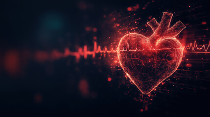 Dynamic digital artwork of glowing heart symbolizing cardiovascular health, surrounded by vibrant particles and heartbeat line, evokes sense of vitality and wellness