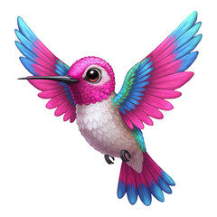 Obraz premium Bright purple hummingbird with teal wings flying in cartoon style illustration showing exotic feathers and fantasy wildlife