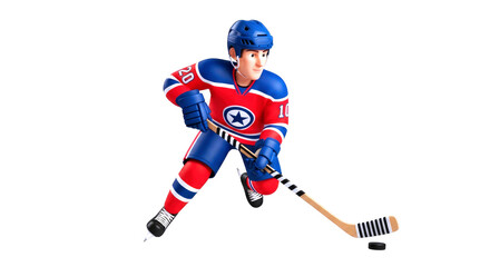 Fototapeta premium cartoon hockey player in motion dynamic gameplay, intense focus, victory shot, isolated on transparent background