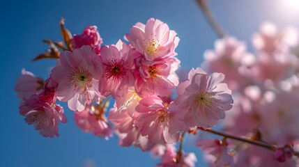 Delicate pink cherry blossoms bloom against a vibrant blue sky, showcasing nature's beauty in springtime.