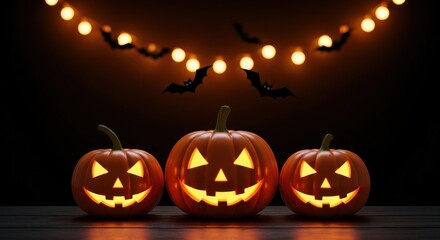 Fototapeta premium Three glowing jack o lanterns on a table with bats and lights above them