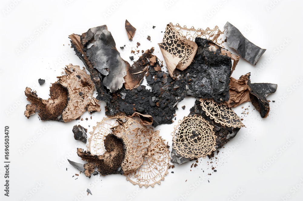 Poster scorched sheet resting on a pale surface. residue from the burnt document. blackened paper fragments