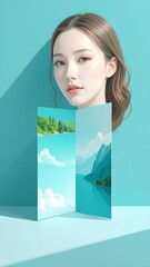 A woman gazes serenely at a tri-fold brochure showcasing serene mountain landscapes and tranquil waters, evoking a sense of peace and natural beauty.