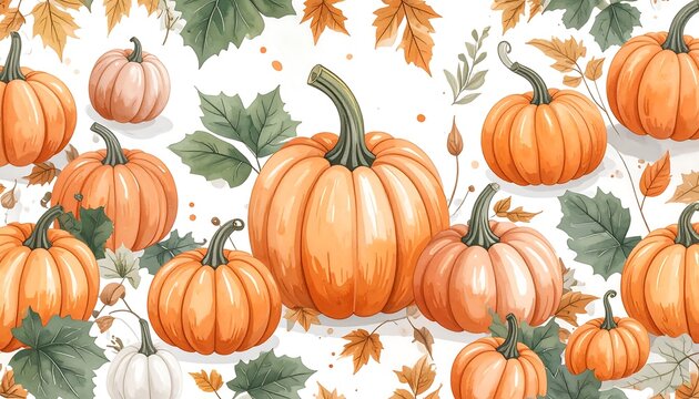 A vibrant display of pumpkins and autumn leaves, creating a cheerful autumnal scene.