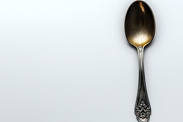Vintage ornate silver spoon with decorative handle pattern isolated on white background, dramatic lighting highlights metallic texture and antique details.