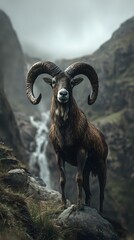 Obraz premium Majestic mouflon ram with large curved horns standing on rocky mountain cliff against dramatic waterfall backdrop in misty wilderness landscape.