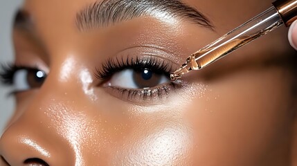 Close up of African American woman applying false eyelashes with tweezers. Professional makeup application showing precise cosmetic technique and flawless skin texture.